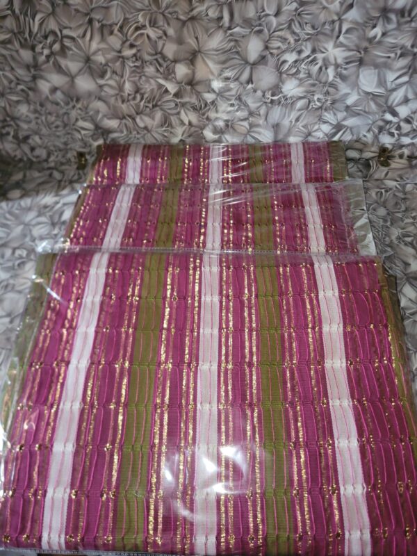 20251224_114044 Premium Handwoven Aso-Oke – Magenta, Olive Green & White with Gold Stripes
