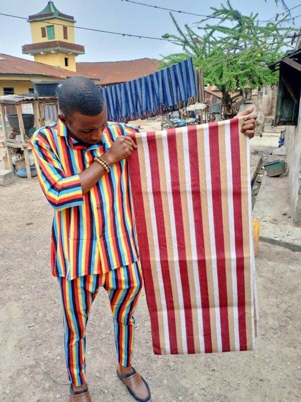 IMG_20250410_164552_794 Premium Handwoven Aso-Oke – Wine Red, Beige & White Stripe Design