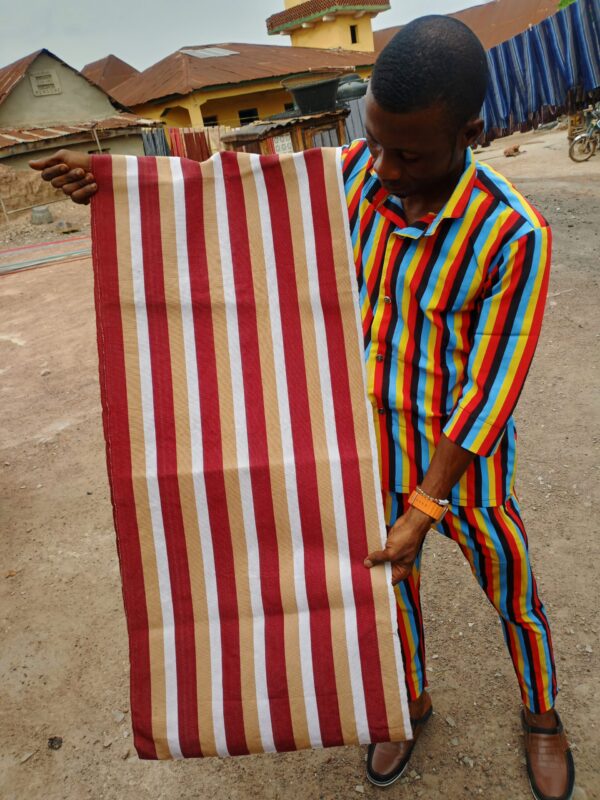 IMG_20250410_164637_692 Premium Handwoven Aso-Oke – Wine Red, Beige & White Stripe Design
