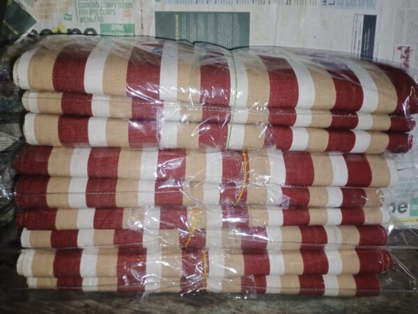 IMG_20250410_165208_040 Premium Handwoven Aso-Oke – Wine Red, Beige & White Stripe Design
