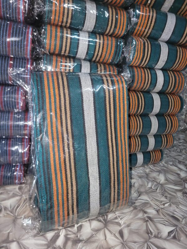 20260524_163043 Premium Handwoven Aso-Oke – Emirald Green, Orange & White Stripe